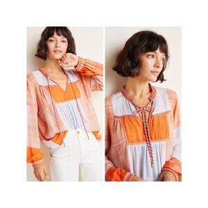 Conditions Apply Painterly Peasant Blouse Orange Blue Squares size medium